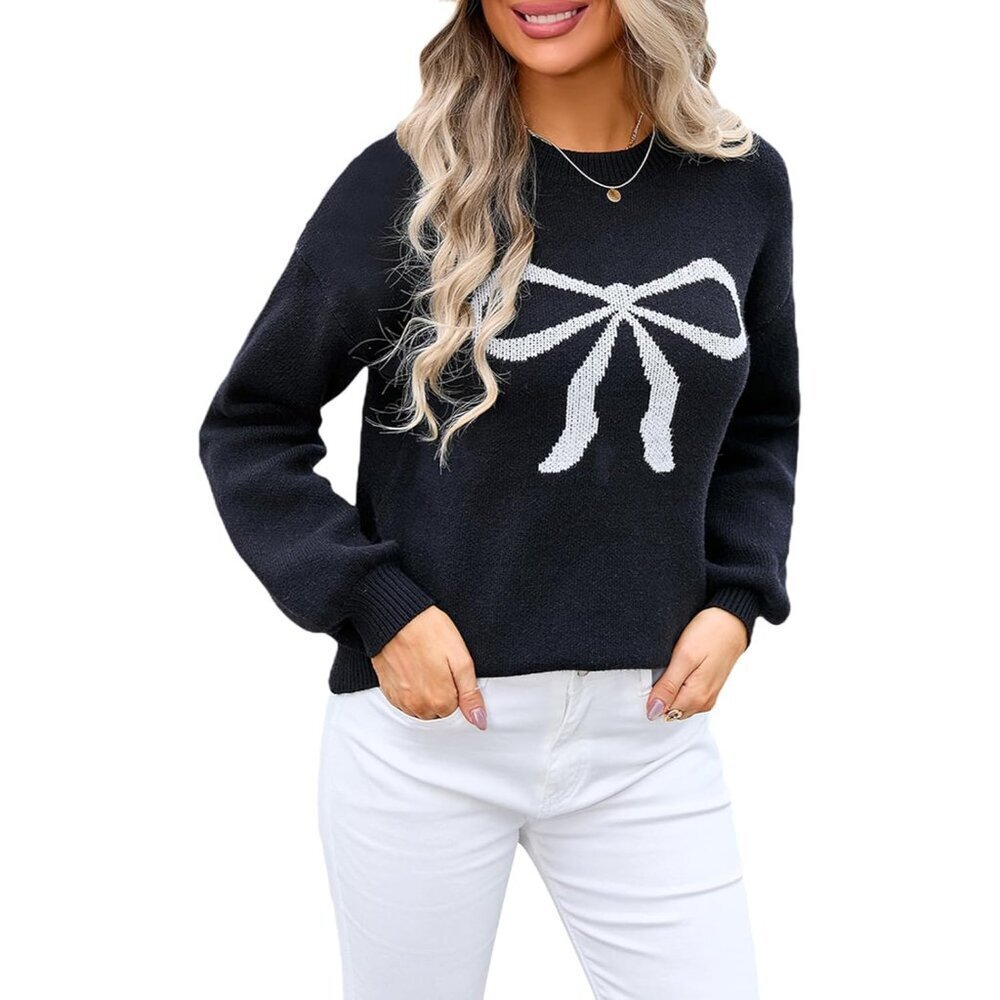 Women Fall Sweater Cable Knit Bow Print Long Sleeve Casual Oversized Jumper